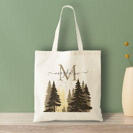 Pine Tree Forest Beige Script Naam Monogram Tote Bag