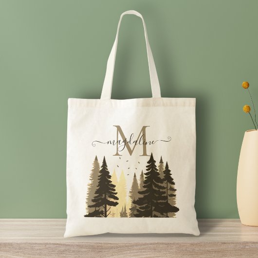 Pine Tree Forest Beige Script Naam Monogram Tote Bag