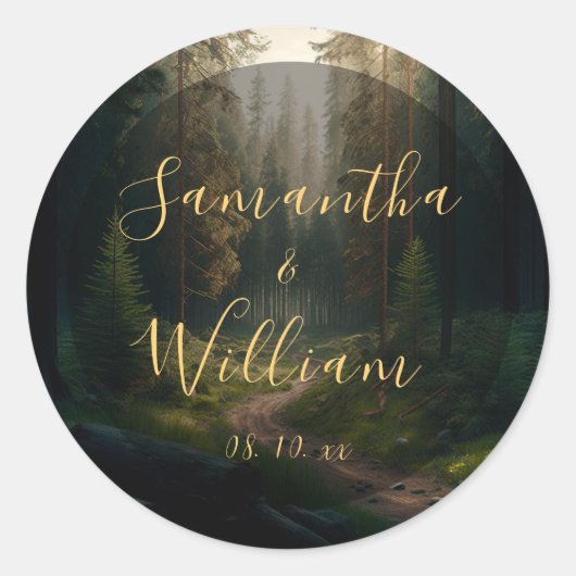 Pine Tree Forest Green Woodland Wedding Ronde Sticker (Voorkant)