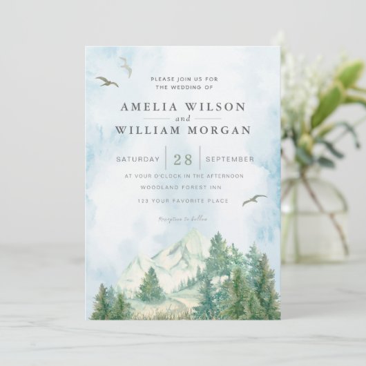 Pine Tree Forest Mountains Waterverf Uitnodiging (Staand voorkant)