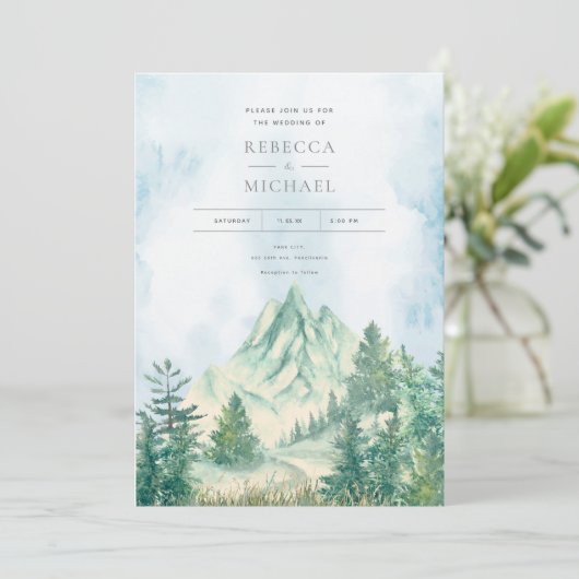 Pine Tree Forest Mountains Waterverf Uitnodiging (Staand voorkant)
