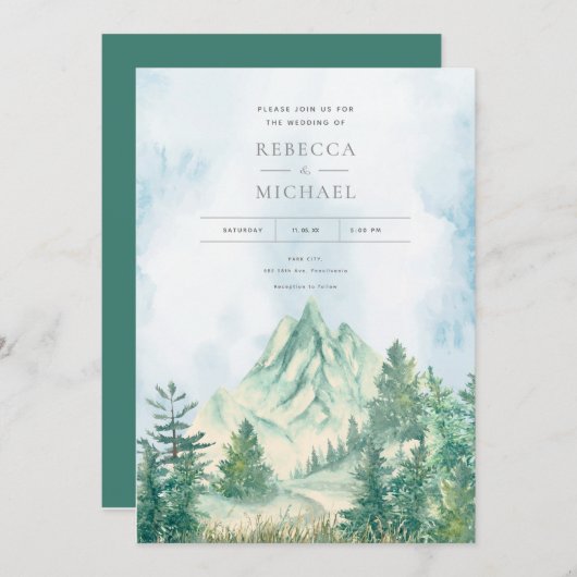 Pine Tree Forest Mountains Waterverf Uitnodiging (Voorkant / Achterkant)