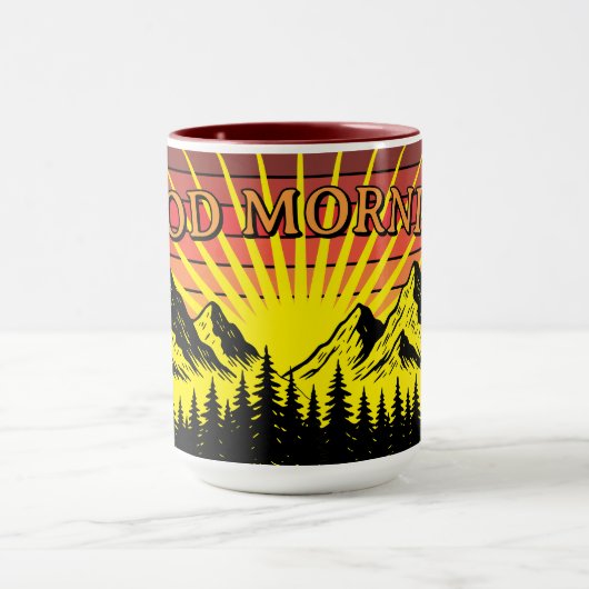 Pine Tree Forest Over Mountains & Retro Sunset Mok (Midden)