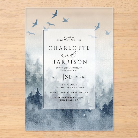 Pine Tree Forest rustieke Waterverf bruiloft Acryl Uitnodigingen (Voorkant)