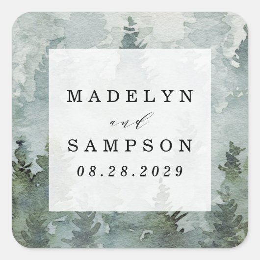 Pine Tree Forest rustieke Waterverf bruiloft gunst Vierkante Sticker (Voorkant)