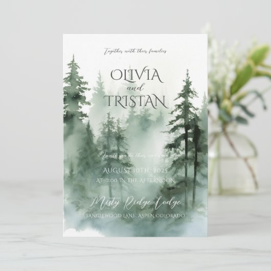 Pine Tree Forest rustieke Waterverf bruiloft Kaart (Staand voorkant)