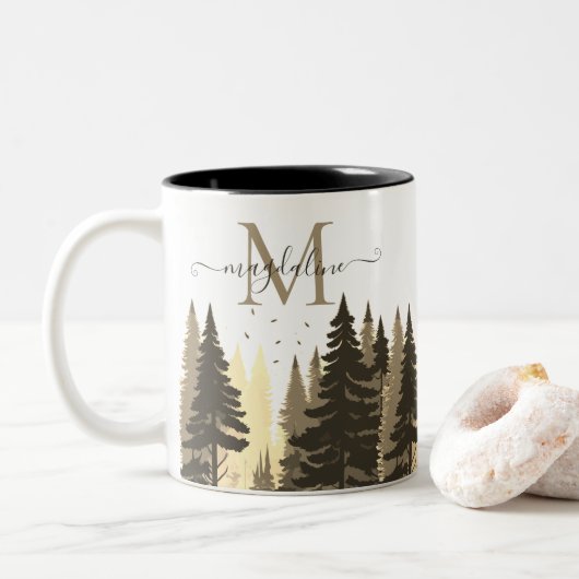 Pine Tree Forest-scriptnaam Monogram Tweekleurige Koffiemok (Met donut)