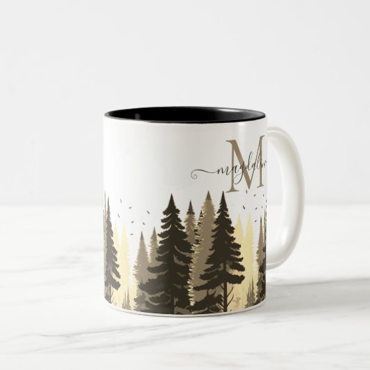 Pine Tree Forest-scriptnaam Monogram Tweekleurige Koffiemok (Voorkant rechts)