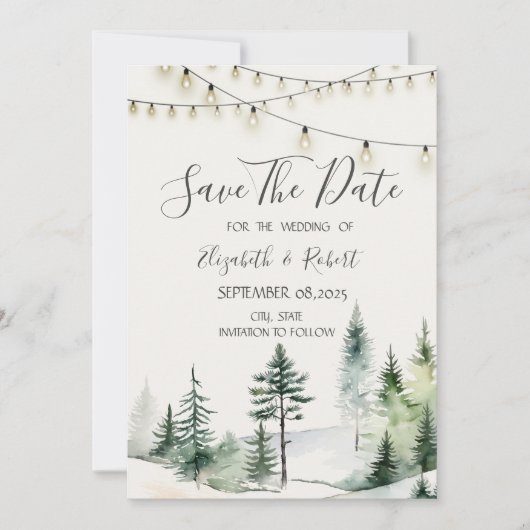 Pine Tree Forest, String Lights Bewaar de datum Save The Date (Voorkant)