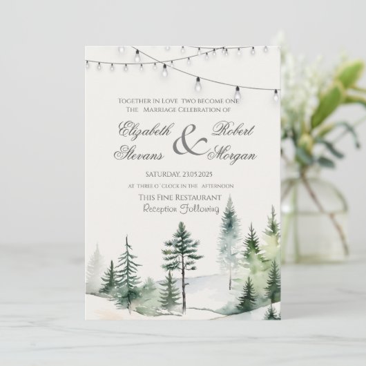 Pine Tree Forest, String Lights Wedding Kaart (Staand voorkant)