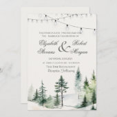 Pine Tree Forest, String Lights Wedding Kaart (Voorkant / Achterkant)