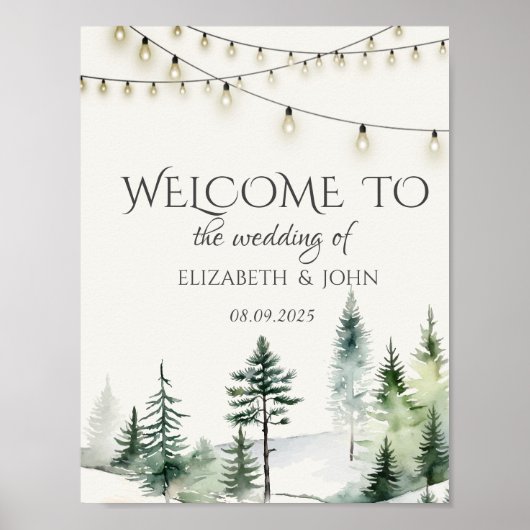 Pine Tree Forest, String Lights Wedding Poster (Voorkant)