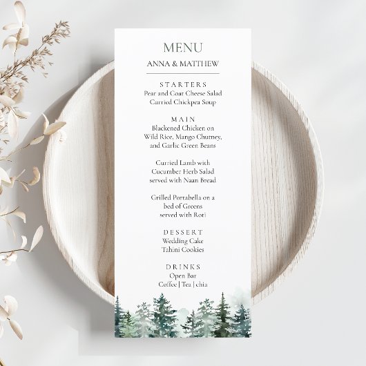 Pine Tree Forest Waterverf Mountains bruiloft Menu
