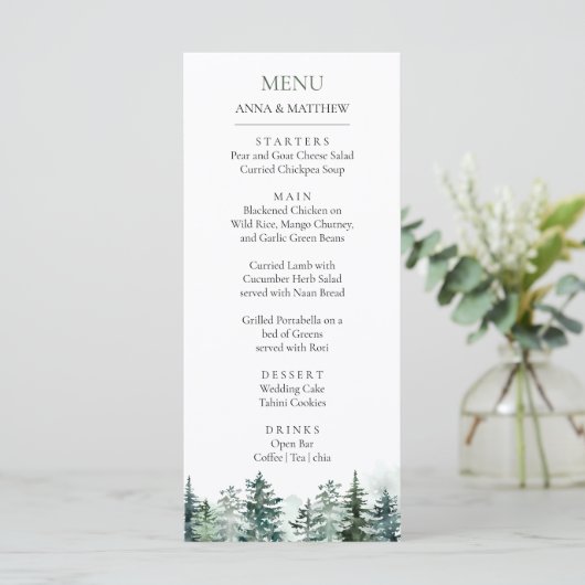 Pine Tree Forest Waterverf Mountains bruiloft Menu (Staand voorkant)