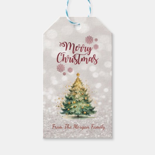 Pine Tree, Glitterende Bokeh Vakantie Cadeaulabel (Voorkant)