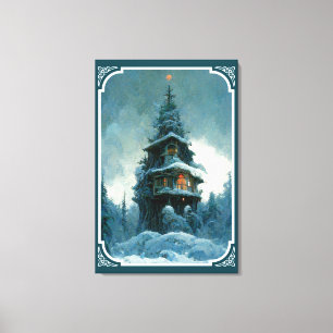 Pine Tree House in Winter   Kerstboom Canvas Afdruk