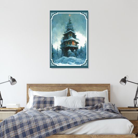 Pine Tree House in Winter | Kerstboom Canvas Afdruk (Insitu (Slaapkamer))