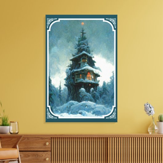 Pine Tree House in Winter | Kerstboom Canvas Afdruk (Insitu (Woonkamer))