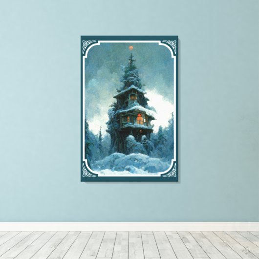 Pine Tree House in Winter | Kerstboom Canvas Afdruk (Insitu (Houten vloer))