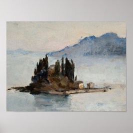 Pine tree island in water landscape art print