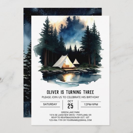 Pine Tree Kampvuur Verjaardag uitnodiging (Voorkant / Achterkant)