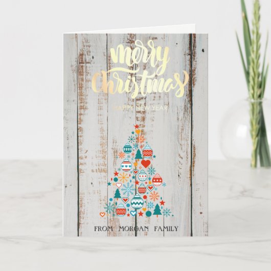 Pine Tree Kleurrijke Ballen Hout Vrolijk Kerstfees Feestdagen Kaart (Voorkant)