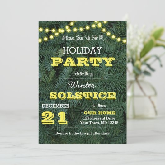 Pine Tree Lights Yellow Holiday Uitnodiging (Staand voorkant)