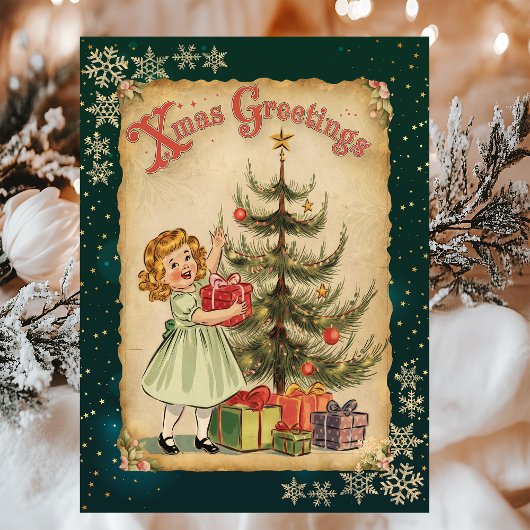 Pine Tree Little Girl Snowflakes Stars Feestdagen Kaart