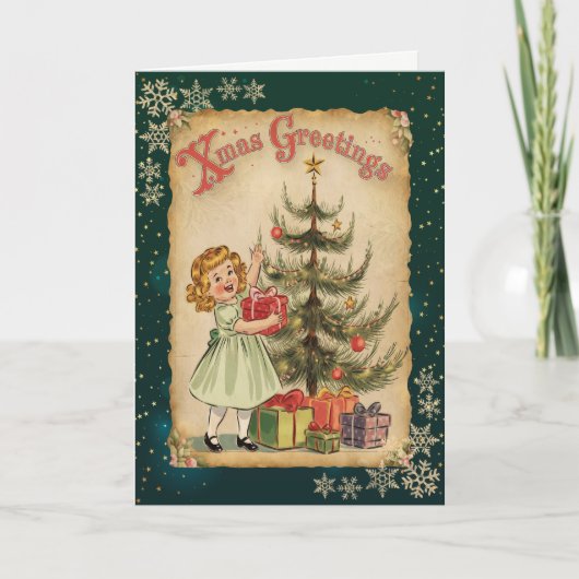  Pine Tree Little Girl Snowflakes Stars Feestdagen Kaart (Voorkant)