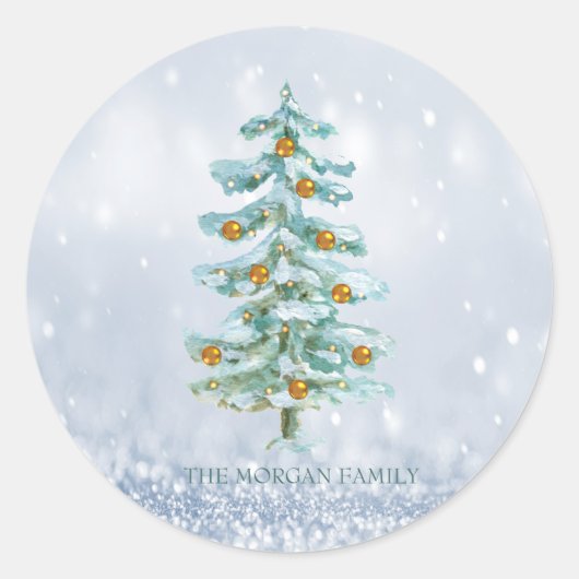 Pine Tree Merry Blue Bokeh Ronde Sticker (Voorkant)