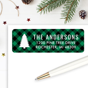 Pine Tree Modern Groen Buffalo Plaid Kerst Etiket