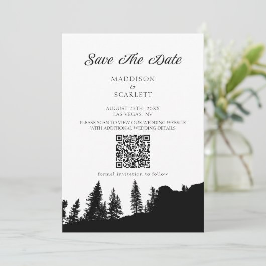 Pine Tree Mountain QR Code Huwelijk Save The Date Kaart (Staand voorkant)