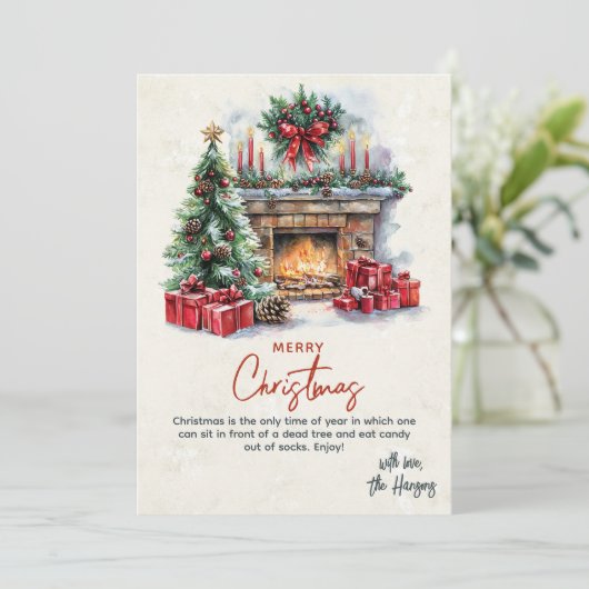 Pine Tree open haard en Cadeaus aangepaste kerst Feestdagenkaart (Staand voorkant)