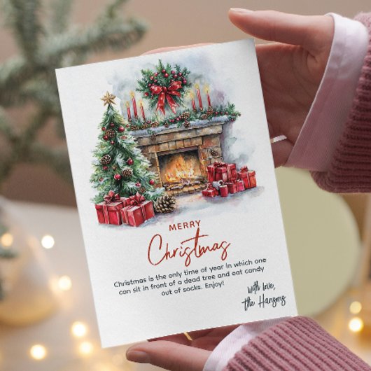 Pine Tree open haard en Cadeaus aangepaste kerst Feestdagenkaart