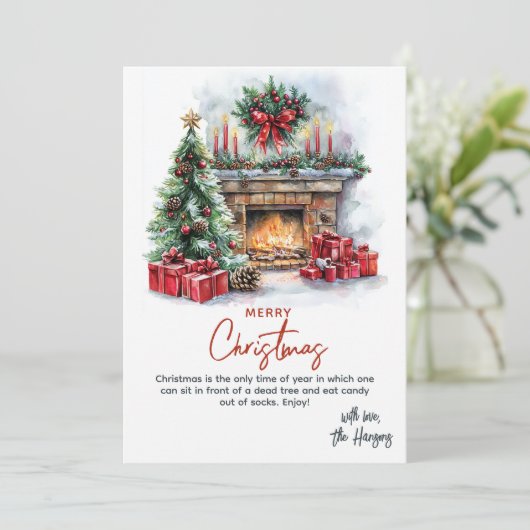 Pine Tree open haard en Cadeaus aangepaste kerst Feestdagenkaart (Staand voorkant)