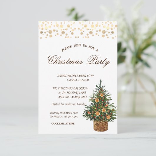 Pine Tree Oranje, Gold Stippen kerstparty Kaart (Staand voorkant)