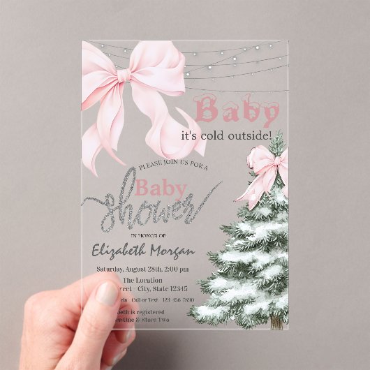 Pine Tree Pink Bow Snowflakes Baby Shower Acryl Uitnodigingen (Insitu (Draagbaar))