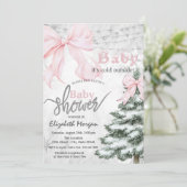 Pine Tree Pink Bow Snowflakes Baby Shower Kaart (Staand voorkant)