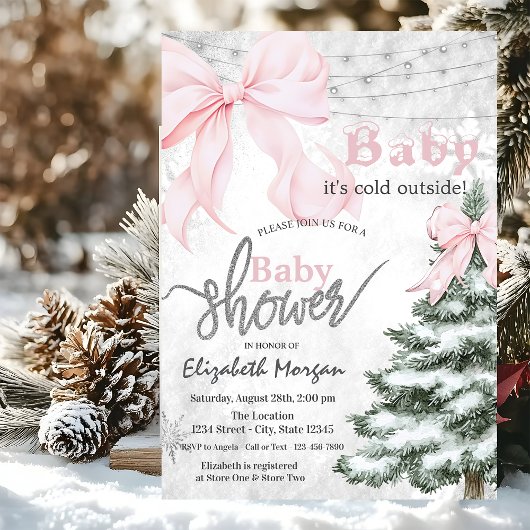 Pine Tree Pink Bow Snowflakes Baby Shower Kaart