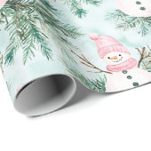 Pine Tree Pink White Snowman Girl Cadeaupapier (Rol Hoek)