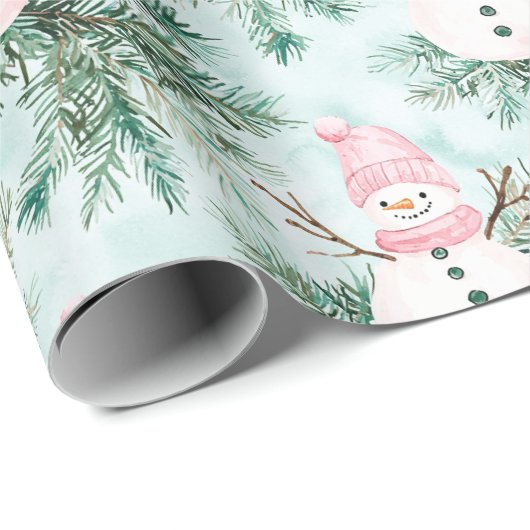 Pine Tree Pink White Snowman Girl Cadeaupapier (Rol Hoek)