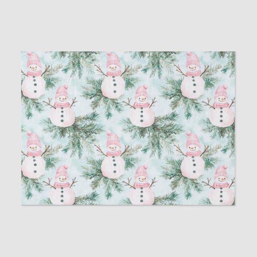 Pine Tree Pink White Snowman Girl Christmas Tissuepapier (Voorkant)