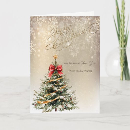 Pine Tree, Red Bow, Sneeuwvlokken Vakantie Feestdagen Kaart (Voorkant)