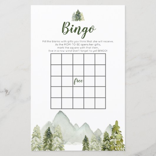 Pine Tree Rustic Adventure Bingo Games Baby shower (Voorkant)