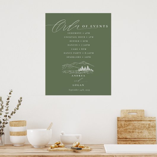 Pine Tree Rustic Mountains Wedding Orde van Evenem Poster (Keuken)