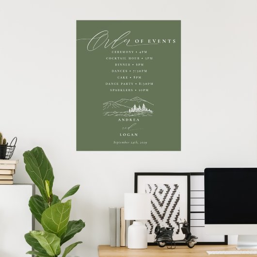 Pine Tree Rustic Mountains Wedding Orde van Evenem Poster (Thuiskantoor)