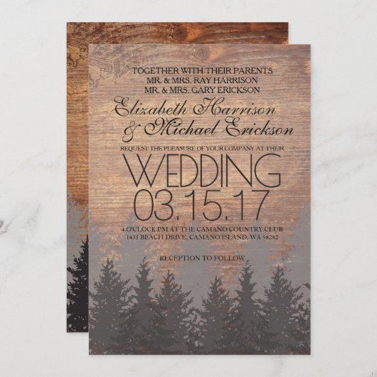 Pine Tree Rustic Wedding Kaart (Voorkant / Achterkant)