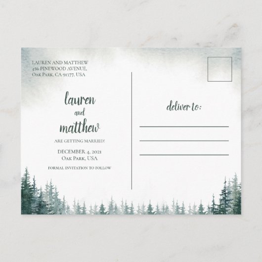 Pine Tree Rustic Wedding Save the Date Briefkaart (Achterkant)