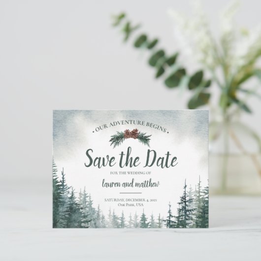 Pine Tree Rustic Wedding Save the Date Briefkaart (Staand voorkant)