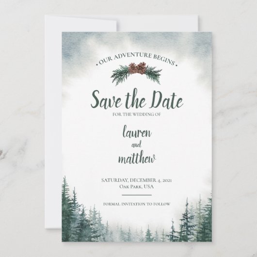 Pine Tree Rustic Wedding Save the Date with Photo (Achterkant)